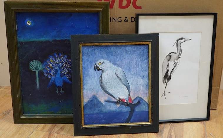 Caroline Conran, two oils on canvas, Peacock and parrot, together with a monochrome watercolour of a heron, one signed, largest 39 x 29cm. Condition - good